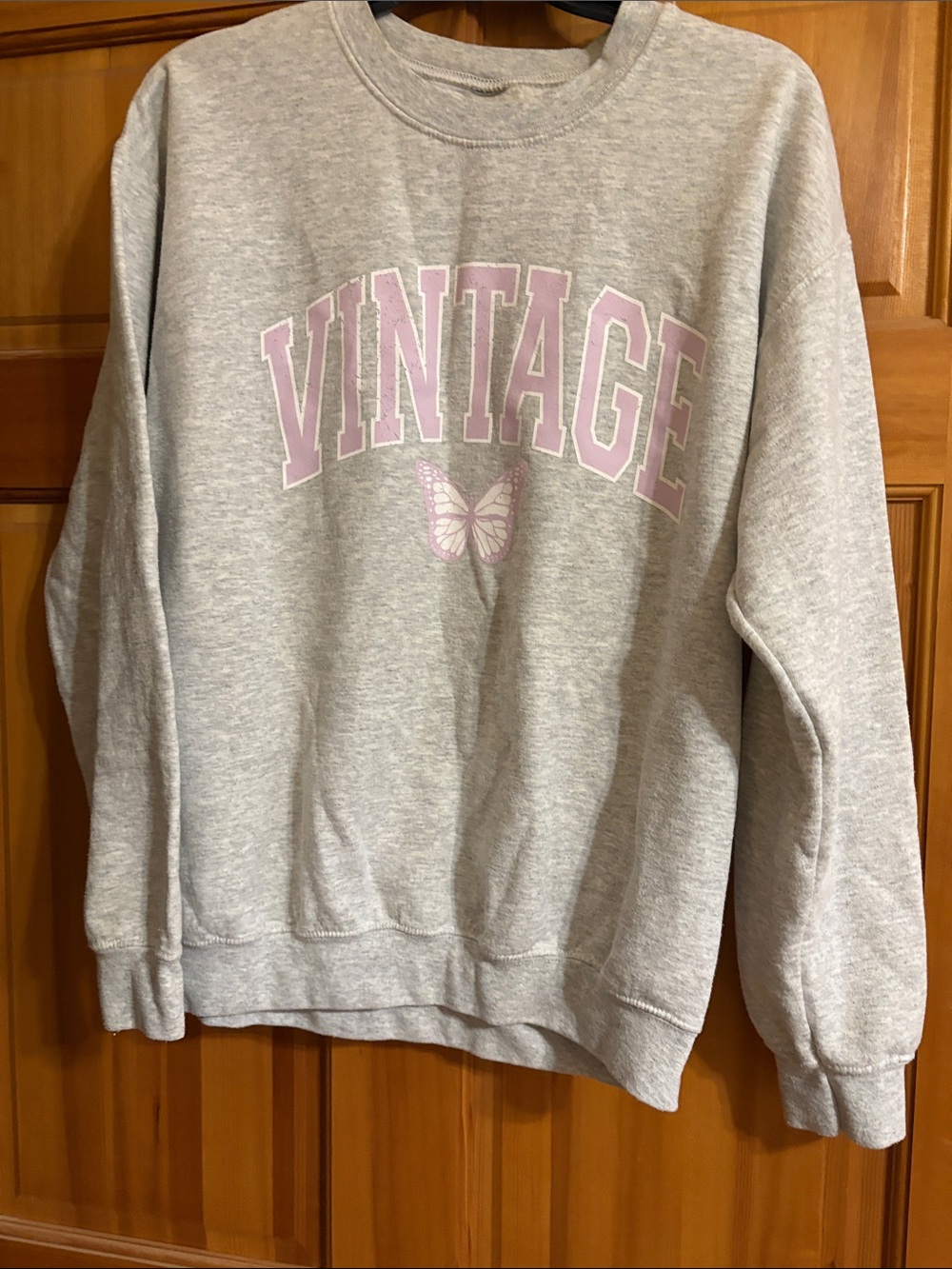 Women's Gray 'Vintage' Pullover Sweater with Pink Lettering